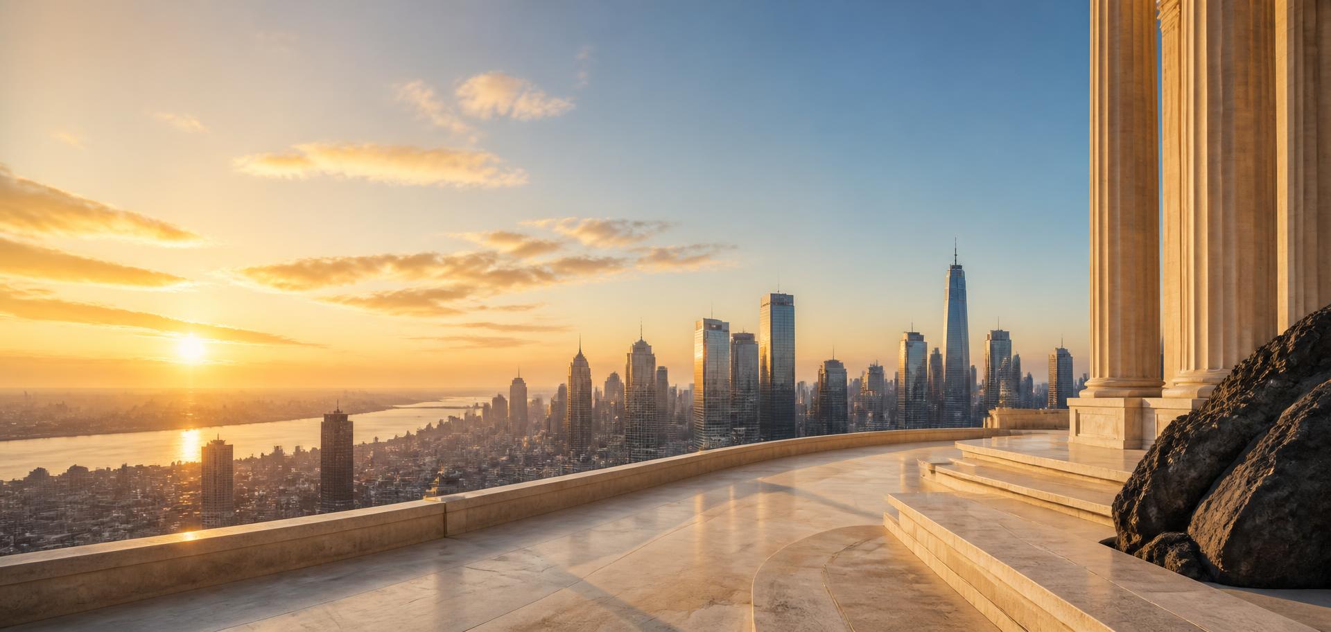 Bright city skyline at sunrise